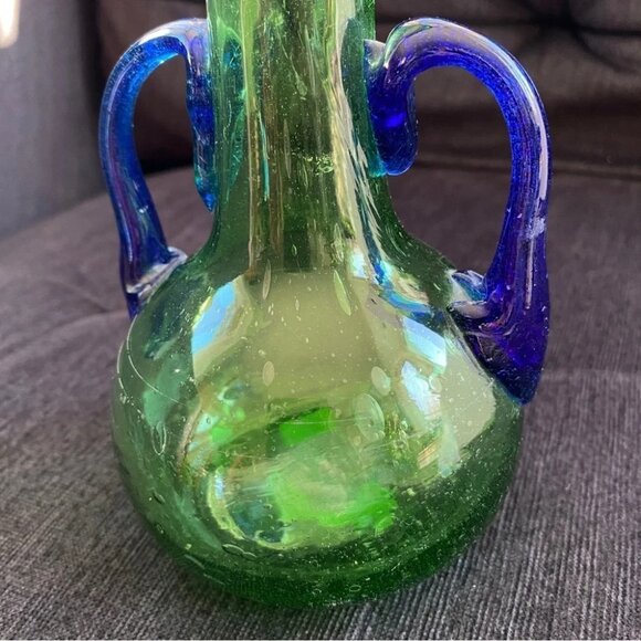 Handblown Artisan Glass Vase Blue and Green 7.25in - Picture 9 of 15
